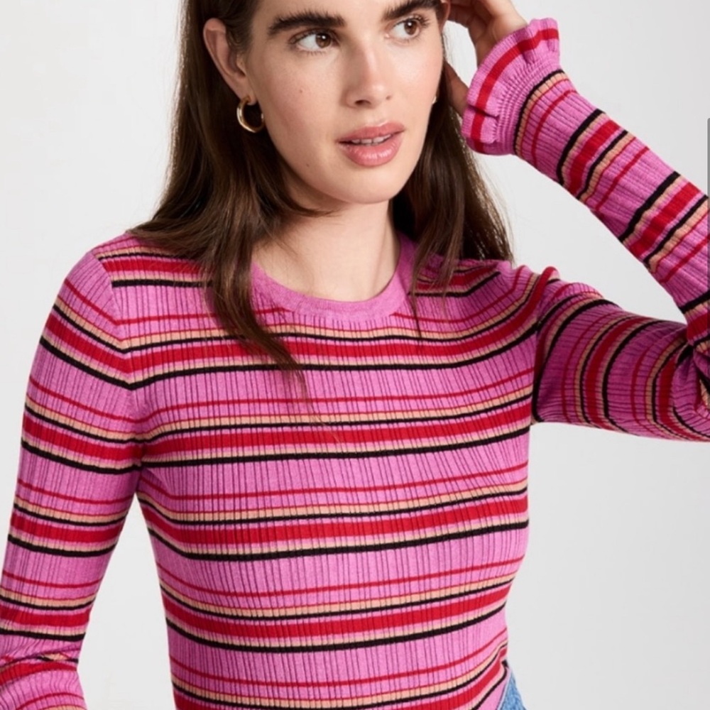 Scotch & Soda Knit Ruffle Long Sleeve ribbed sweater pink stripe